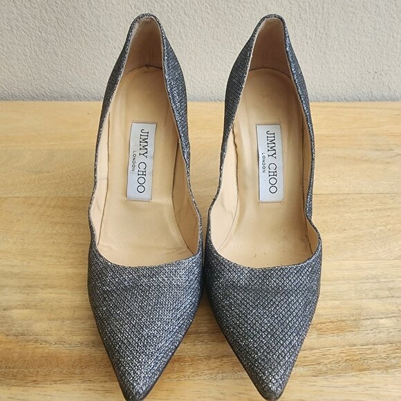 Jimmy Choo Pumps Shoes Womens Size 35.5 Black Silver Glitter Heels Italy Party - Picture 7 of 11